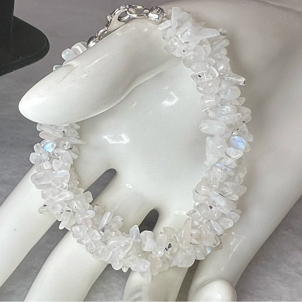 Rainbow Moonstone Twisted Sterling Silver Bead Bracelet